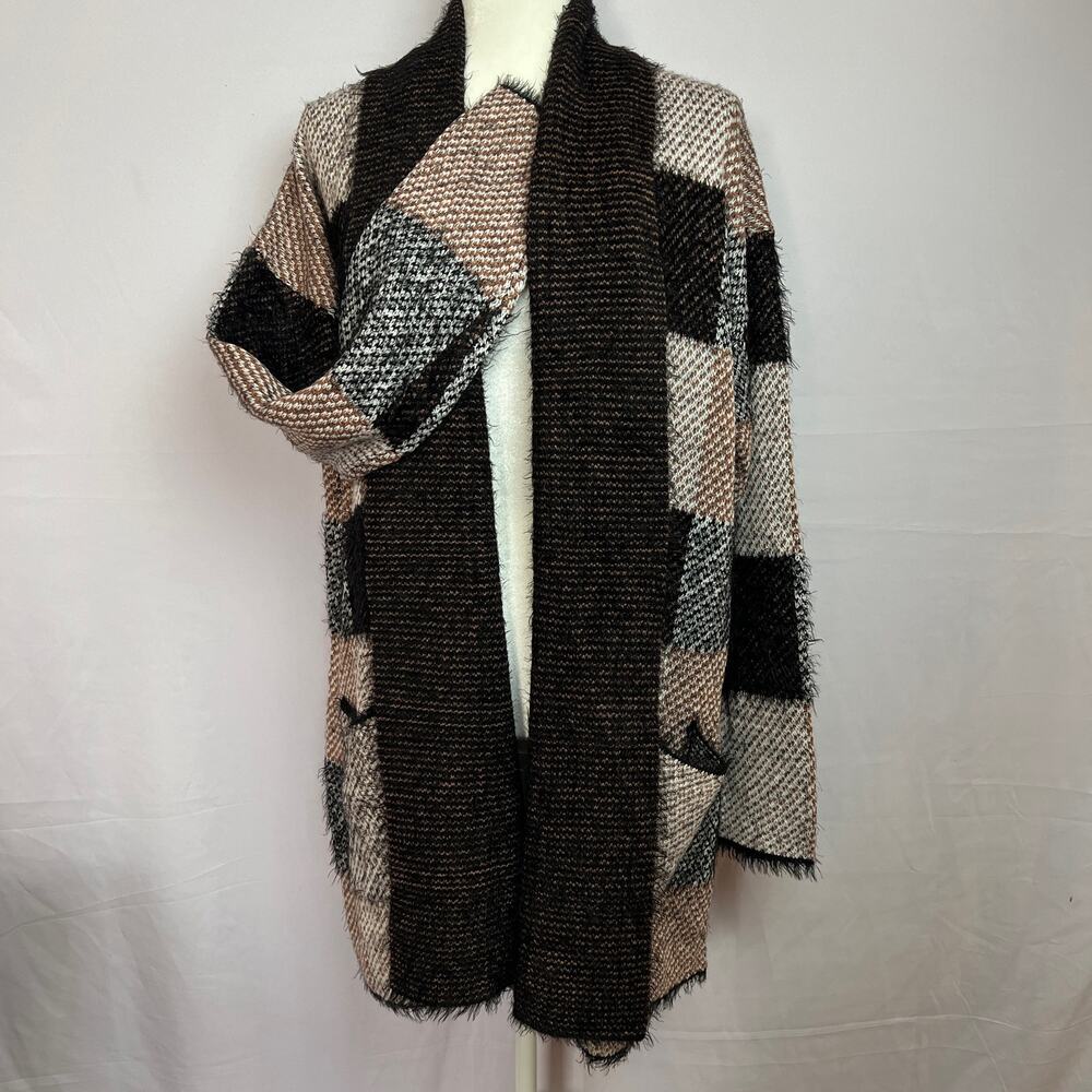 Cozycore Colorblock Shawl Cardigan Tan Cream Black Pocketed Soft Knit L
